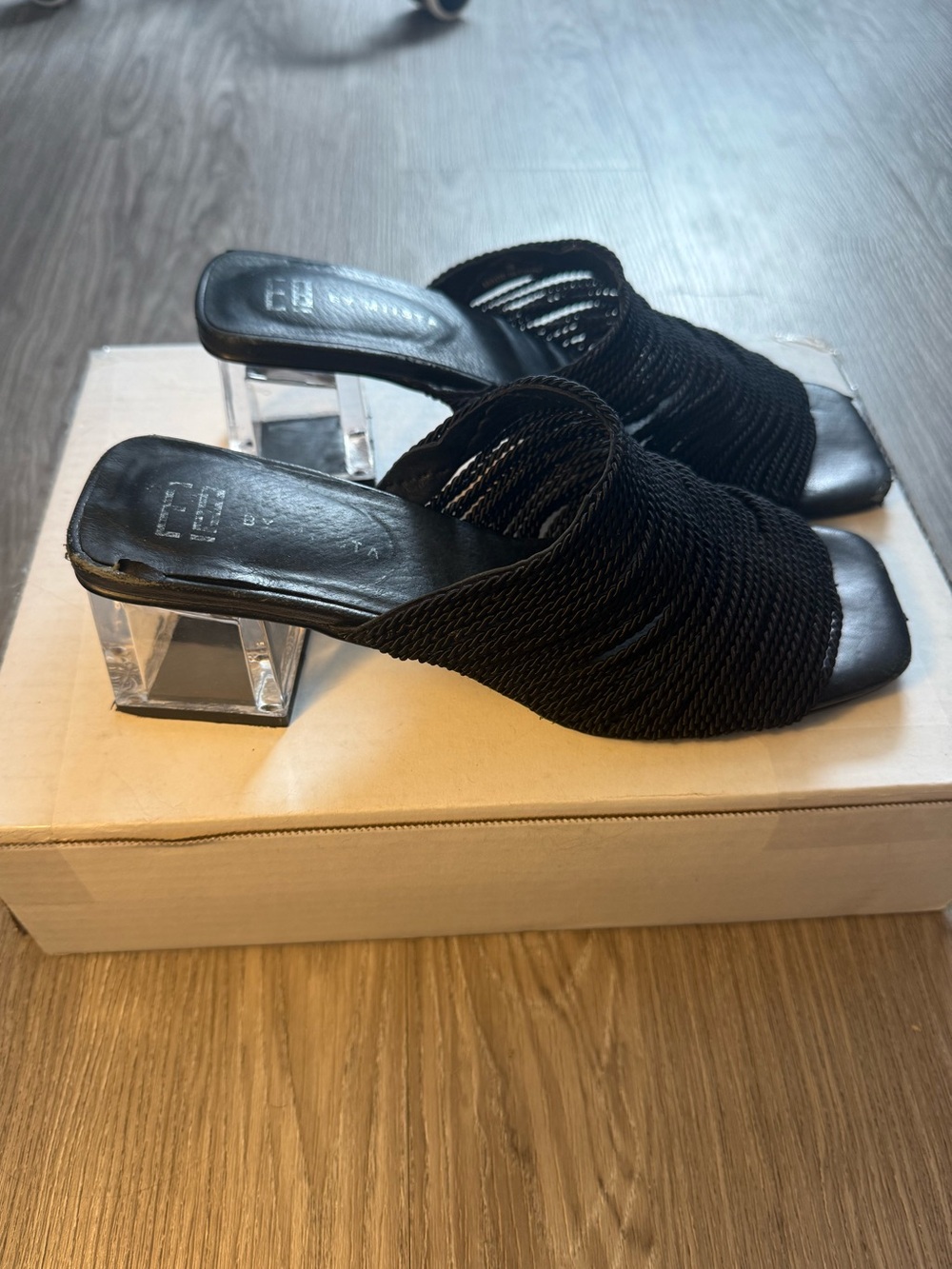 E8 by Miista Black Lucite Heel Rope Woven Mules